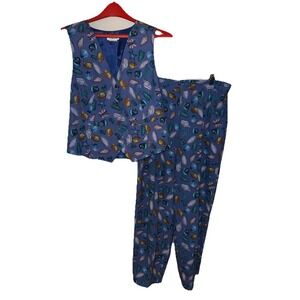 Vintage‎ Talbots Silk Outfit Vest Flowy Pants Seashell Tropical Blue Sz 12 Large